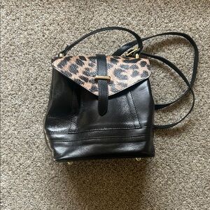 Leopard Print Accent Black Leather Women's Backpack